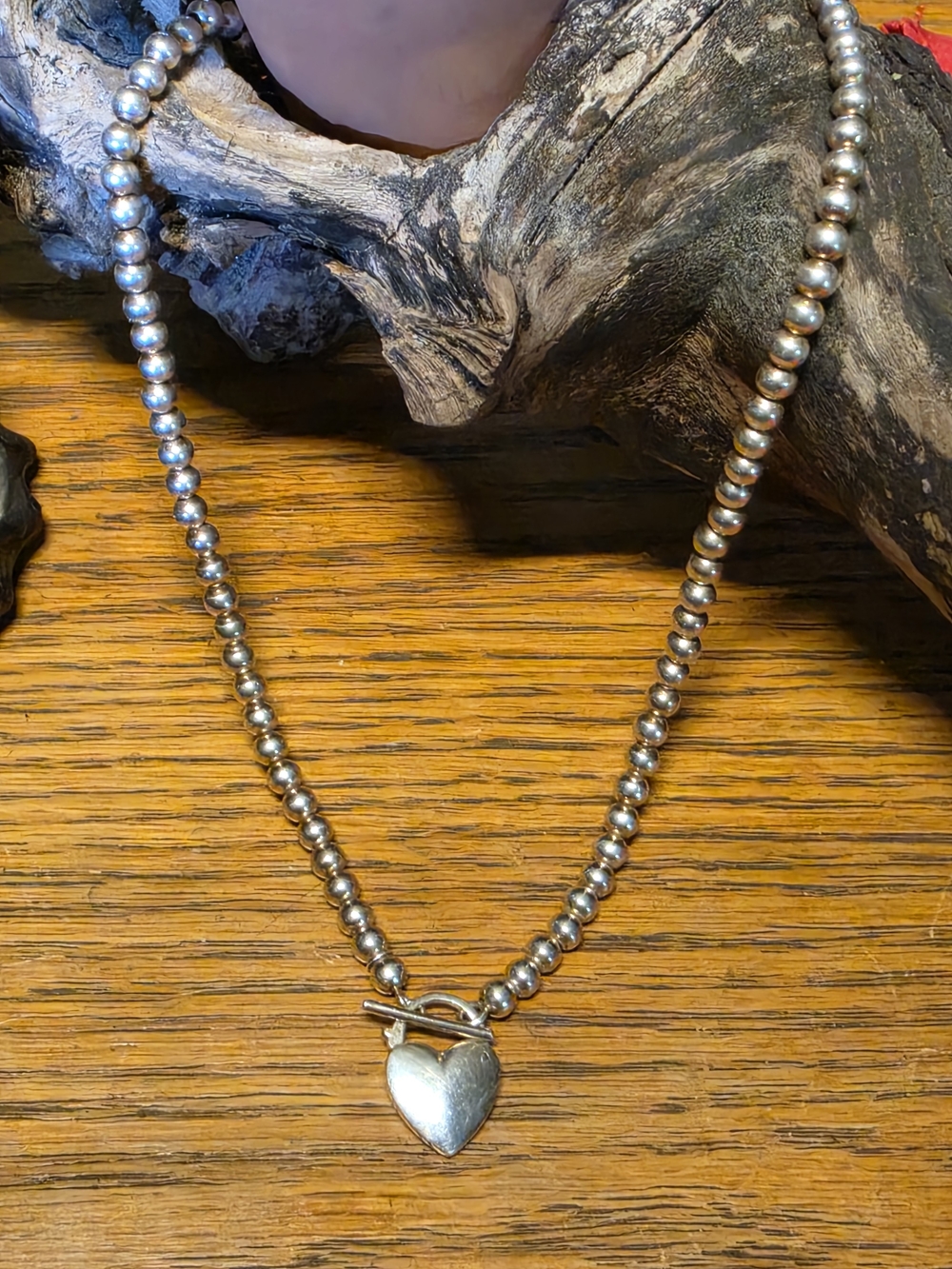 Sterling Silver Beaded Heart Toggle Necklace - Silver